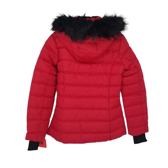 NAUTICA PUFFER COAT WOMENS MEDIUM RED BLACK FAUX FUR TRIM WATER RESISTANT NWT - Picture 2 of 12